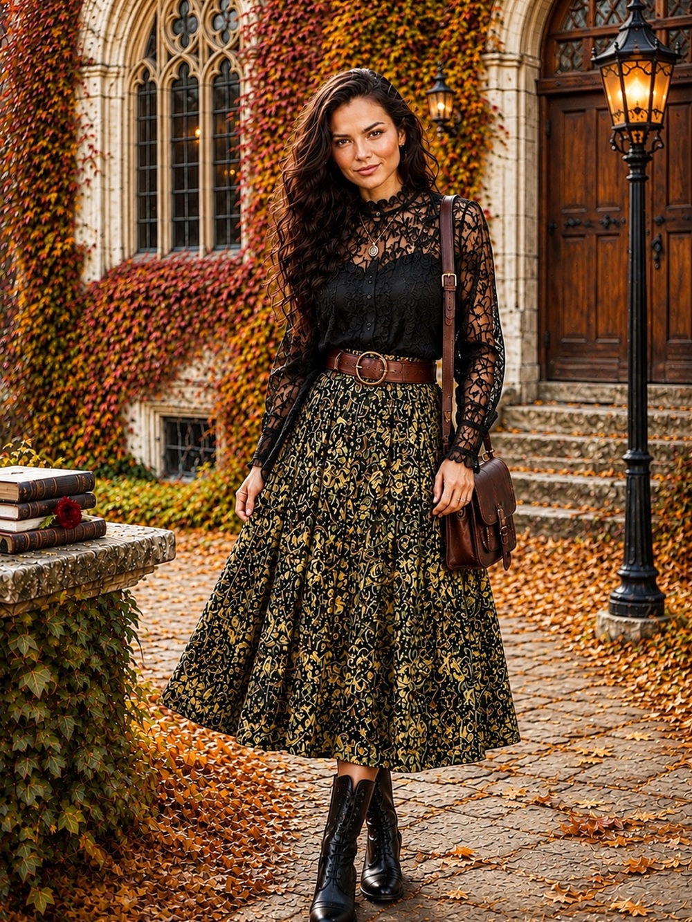 Diane Von Furstenberg Black Silk Maxi Skirt with Green Scroll Motif